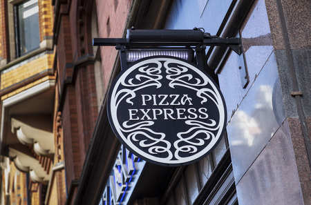 Pizza Express sign in the city centre, Nottingham, Nottinghamshire, UK - 3rd April 2018のeditorial素材