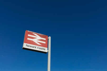 Newark Castle Railway Station, Newark, Nottinghamshire, UK, October 2018, Network Rail signのeditorial素材