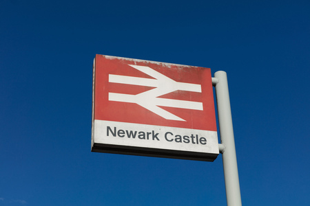 Newark Castle Railway Station, Newark, Nottinghamshire, UK, October 2018, Network Rail signのeditorial素材