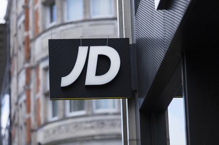 London, Greater London, United Kingdom, 7th February 2018, A sign and logo for JD Sports Storeのeditorial素材