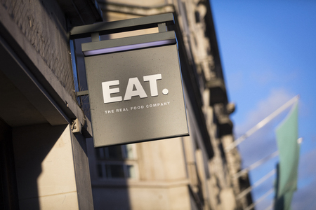 London, Greater London, United Kingdom, 7th February 2018, A sign and logo for Eat Real Food Company Cafeのeditorial素材