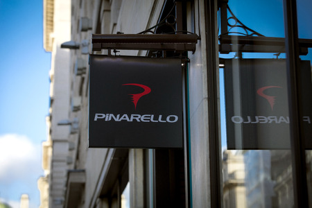 London, Greater London, United Kingdom, 7th February 2018, A sign and logo for Pinarello storeのeditorial素材