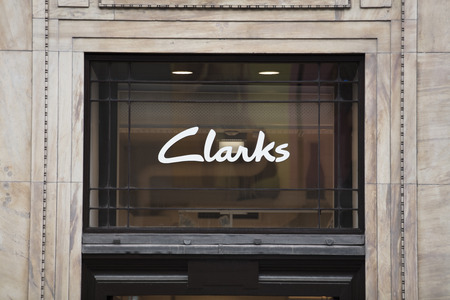 London, Greater London, United Kingdom, 7th February 2018, A sign and logo for Clarks Shoe storeのeditorial素材
