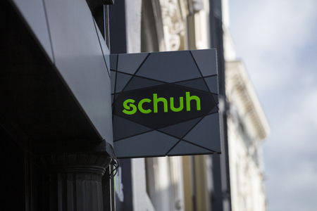 London, Greater London, United Kingdom, 7th February 2018, A sign and logo for Schuh Shoe Storeのeditorial素材