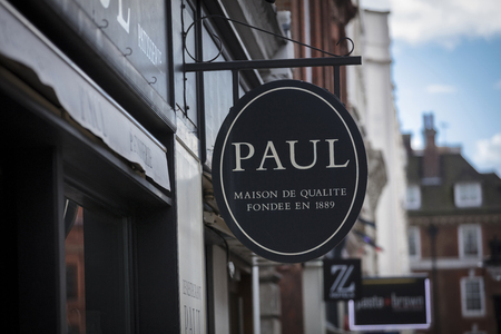 London, Greater London, United Kingdom, 7th February 2018, A sign and logo for PAUL cafeのeditorial素材