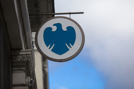 London, Greater London, United Kingdom, 7th February 2018, A sign and logo for Barclays Bank in central londonのeditorial素材