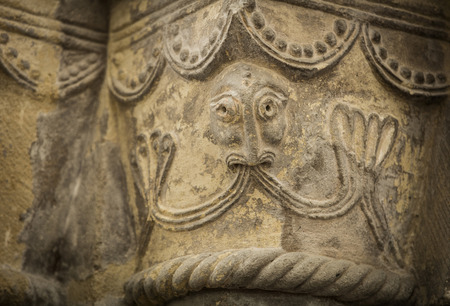 Great Givendale, Yorkshire, UK, 25th March 2019, a Stone carving inside Great Givendale Church on the Chalkland Wayのeditorial素材