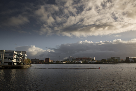 Manchester, Greater Manchester, UK, October 2013, view across the water to Old Trafford Stadiumのeditorial素材