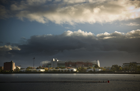 Manchester, Greater Manchester, UK, October 2013, view across the water to Old Trafford Stadiumのeditorial素材