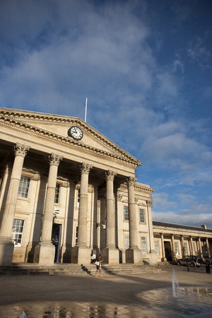 Huddersfield, West Yorkshire, UK, October 2013, the facade of Huddersfield Railway Stationのeditorial素材