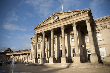 Huddersfield, West Yorkshire, UK, October 2013, the facade of Huddersfield Railway Stationのeditorial素材