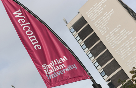 Poet Laureate Andrew Motion's poem What If? on the side of the Owen Building at Sheffield Hallam University, Sheffield, UK - September 2013のeditorial素材