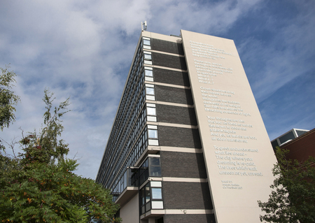 Poet Laureate Andrew Motion's poem What If? on the side of the Owen Building at Sheffield Hallam University, Sheffield, UK - September 2013のeditorial素材