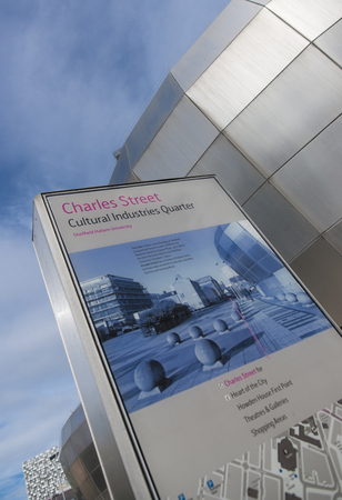 A sign and direction board for Sheffields cultural quarter in Charles Street, Sheffield, South Yorkshire, UK - 13th Spetember 2013のeditorial素材