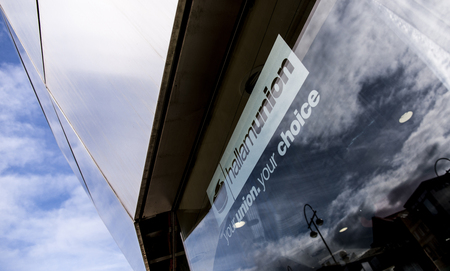 A view of the Hubs Student Union sign and branding on the Hubs venue in Sheffield. Sheffield, South Yorkshire, UK - 13th September 2013のeditorial素材