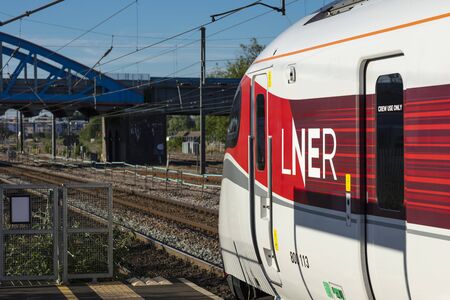 Peterborough, Cambirdgeshire, United Kingdom, July 2019, A view of an Azuma LNER train at Peterborough Stationのeditorial素材