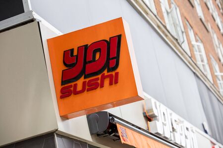 London, United Kingdom, 17th July 2019, Yo! Sushi Sign in central londonのeditorial素材
