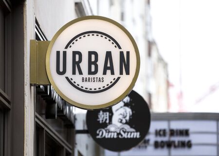 London, United Kingdom, 17th July 2019, Urban Baristas Sign in central londonのeditorial素材