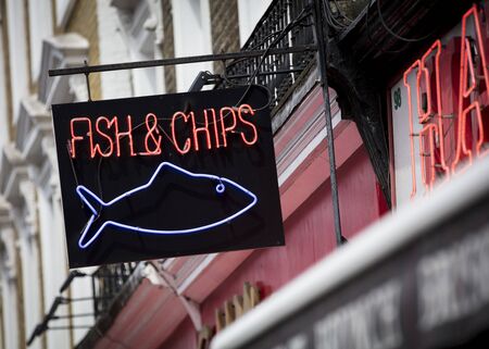 London, United Kingdom, 17th July 2019, Fish and Chips Sign in central londonのeditorial素材