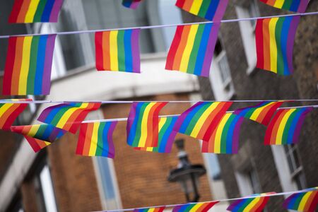 London, United Kingdom, 18th July 2019, Pride flags and bunting hung out in Soho in central londonのeditorial素材