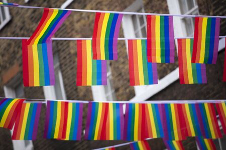 London, United Kingdom, 18th July 2019, Pride flags and bunting hung out in Soho in central londonのeditorial素材