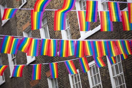 London, United Kingdom, 18th July 2019, Pride flags and bunting hung out in Soho in central londonのeditorial素材