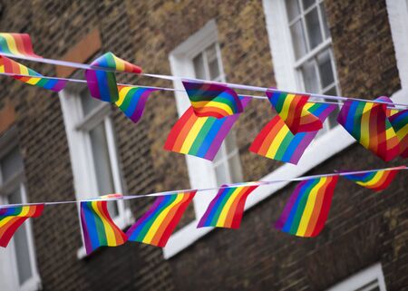 London, United Kingdom, 18th July 2019, Pride flags and bunting hung out in Soho in central londonのeditorial素材