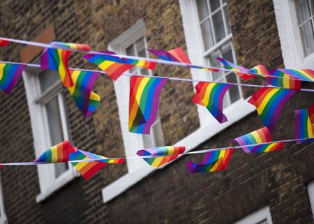 London, United Kingdom, 18th July 2019, Pride flags and bunting hung out in Soho in central londonのeditorial素材