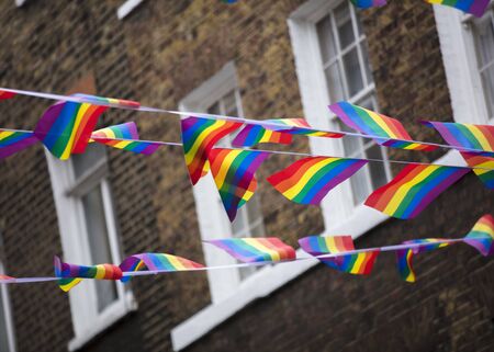 London, United Kingdom, 18th July 2019, Pride flags and bunting hung out in Soho in central londonのeditorial素材