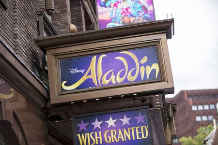 London, United Kingdom, 18th July 2019, entrance to the Prince Edward Theatre with signs for Aladdinのeditorial素材