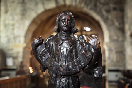 Jarrow, Tyne and Wear, United Kingdon, 28th November 2019, View of the carved pew ends in the historic Saint Pauls Monastery churchのeditorial素材