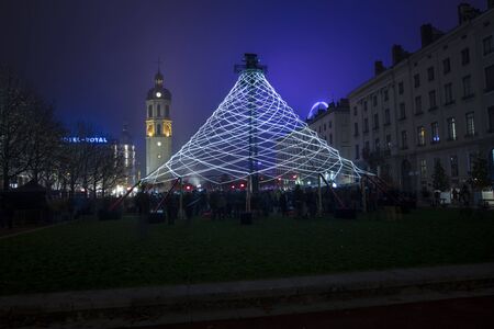 Lyon, France, Europe, 6th December 2019, view of the Fetes des Lumiers aka festival of light  and the Pavillon in the Place Antonin Poncetのeditorial素材
