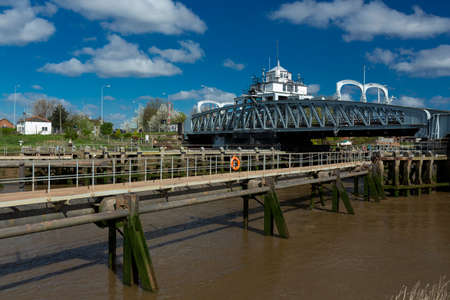 Sutton Bridge, Lincolnshire, UK, April 2014, Sutton Bridge Historic Crosskeys Swing Bridge over the River Neneのeditorial素材