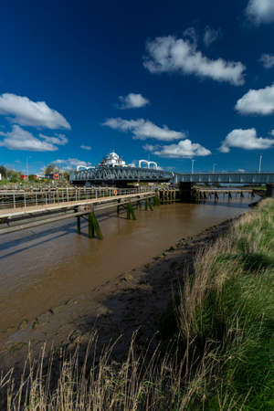 Sutton Bridge, Lincolnshire, UK, April 2014, Sutton Bridge Historic Crosskeys Swing Bridge over the River Neneのeditorial素材