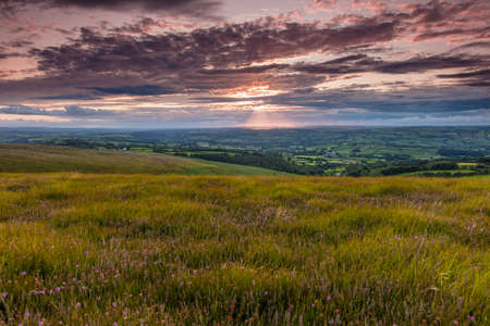 Llanllwni, Carmarthenshire, Wales, View from Llanllwni Mountain of sunsetの写真素材