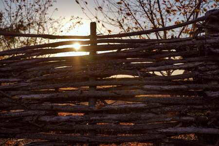 Wicker fence in a forest village against the backdrop of a sunset sky. Handmade, decoration garden.の写真素材