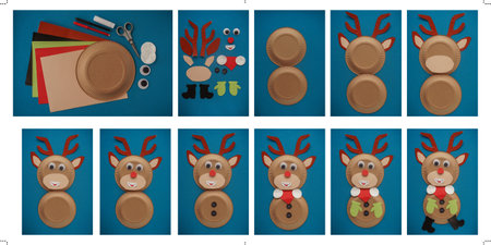 Christmas New Year card handmade. Santas deer, step by step photo instruction. Children art project. DIY concept. Blue velvet background. Top view, flat lay. Blurred background, selective focusの写真素材