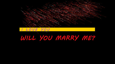 I LOVE WILL YOU MARRY ME text sign with starfall and cometary rain on black background. Romantic marriage proposal concept, Valentine day banner. 3D renderingの写真素材