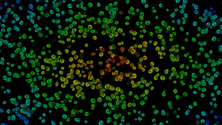 Randomly moving colorful spheres on black background. Abstract background for advertising,...