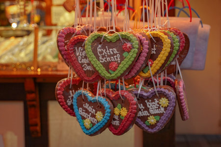 A stand with colorful Christmas gingerbread in the shape of a heart close-up. New Year's Fair. christmas market in old city. Christmas cozy atmosphere. Christmas food. selective focusの写真素材
