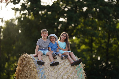 Three children on a summer day sit on a large haystack in a field against the backdrop of green...