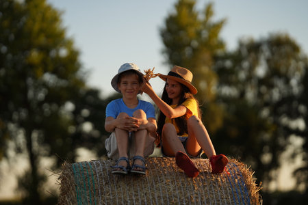 A boy and a girl in summer clothes sit on a haystack and have fun. They are wearing hats and T-shirts. There are green trees all around. Pure nature for children. Healthy ecology for the future generation.の写真素材