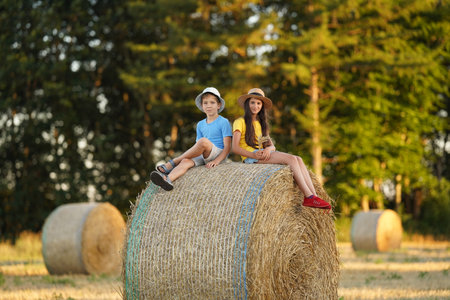 Children sit on a haystack with their legs hanging down. They are wearing hats and T-shirts. There are green trees all around. Pure nature for children. Healthy ecology for the future generation.の写真素材