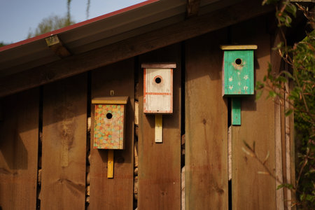 Three wooden birdhouses hang on a wall of planks under the roof. They are painted in traditional...