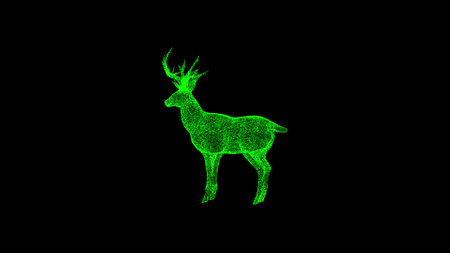 3D deer on black background. Object dissolved green flickering particles. science concept. Abstract bg for title, presentation. Holographic screensaver. 3D animation.の写真素材
