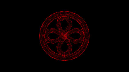 3D beautiful flower pattern on black background. Object dissolved red flickering particles. science concept. Abstract bg for title, presentation. Holographic screensaver. 3D animation.の写真素材