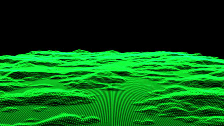Abstract digital landscape with particles dots and stars on horizon. Wireframe landscape background....