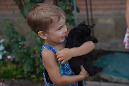Preteen handsome boy with siberian tom cat close up country summer portrait with cottage house on the background. selective focus.の写真素材