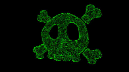 3D poison skull bones on black bg. Object dissolved green flickering particles. business backdrop. science concept. Abstract bg title, presentation. Holographic screensaver. 3D animation.の写真素材