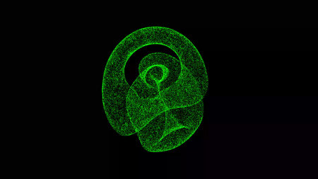 3D knot on black background. Object dissolved green flickering particles. business background. science concept. Abstract bg title, presentation. Holographic screensaver. 3D animation.の写真素材